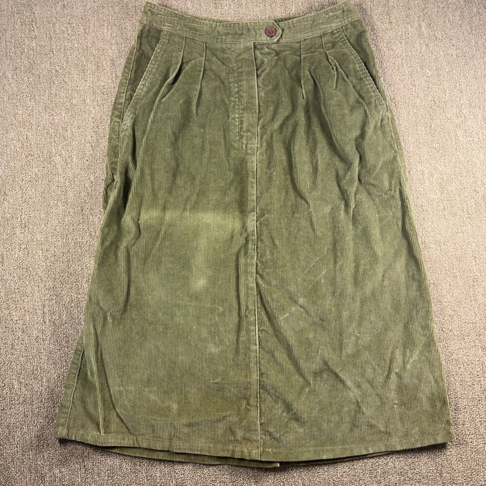 Vintage Gemini Olive Green Corduroy Midi Skirt Pleated Pockets Size 13/14